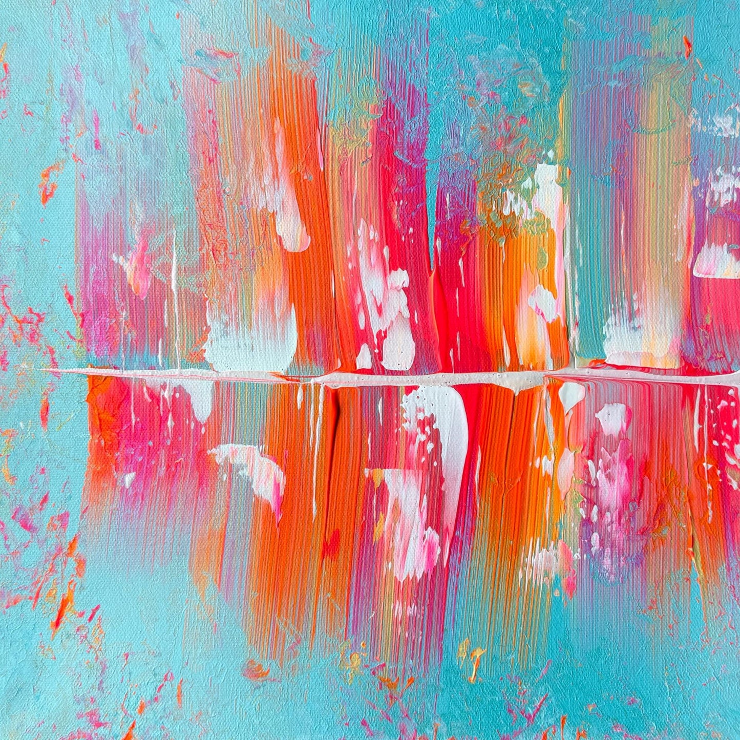 Moderne Leinwandkunst Querformat. Dynamische Komposition Türkis Rosa Grau. Abstraktes Unikat 40x30 cm.