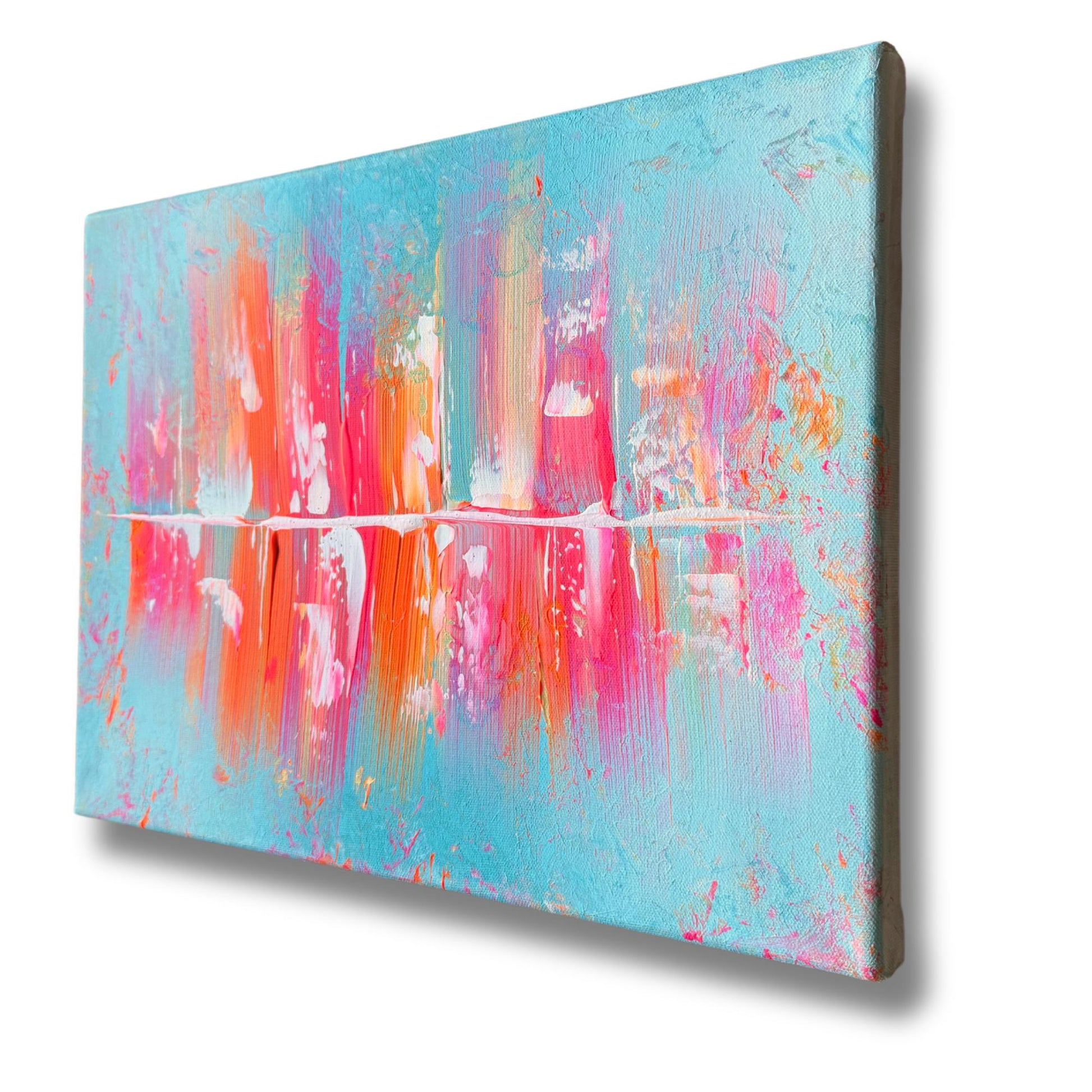 Dekoratives Wandbild Querformat. Dynamische Komposition Türkis Rosa Grau. Abstraktes Unikat 40x30 cm.