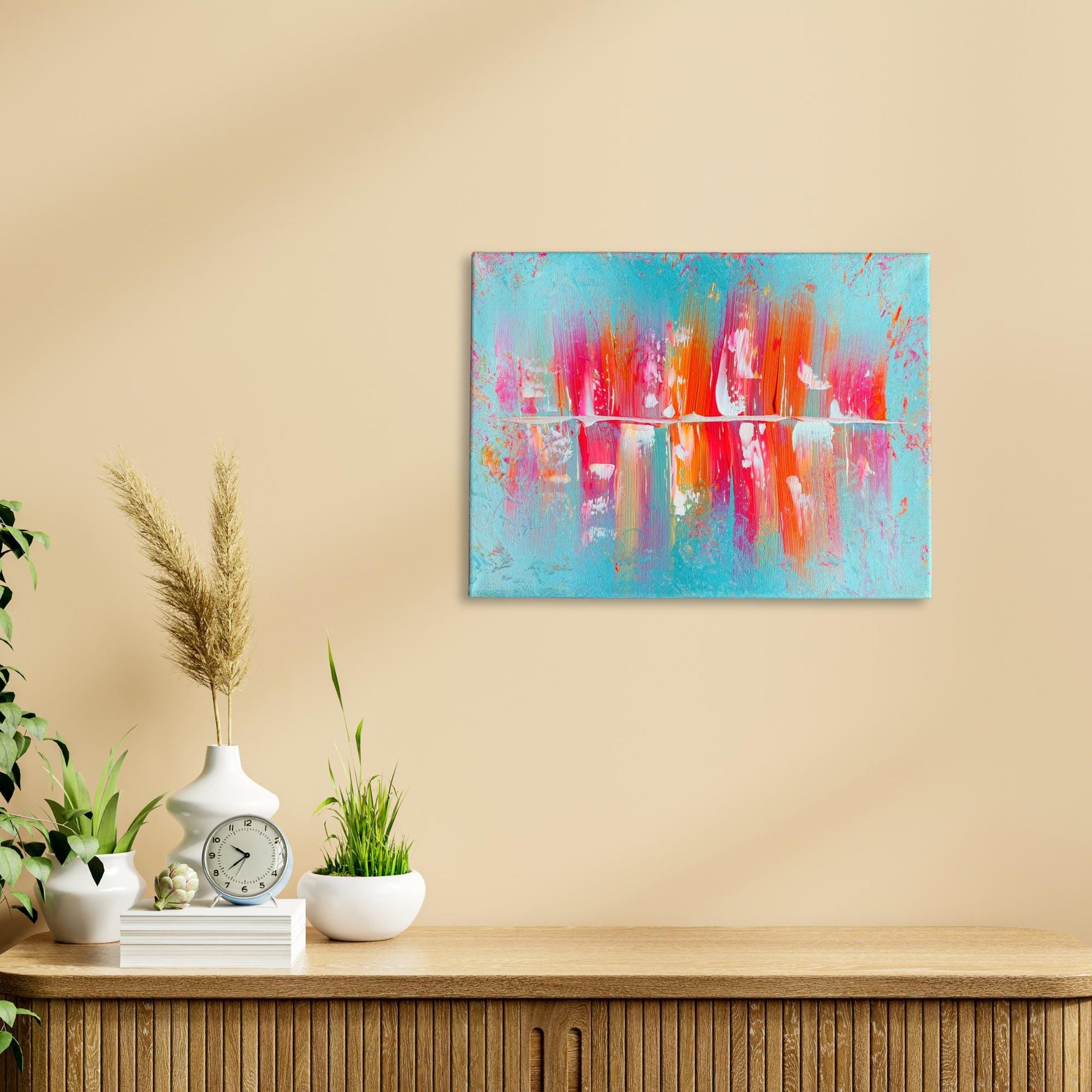 Handgemaltes Acrylbild Querformat. Dynamische Komposition Türkis Rosa Grau. Modernes Unikat 40x30 cm.