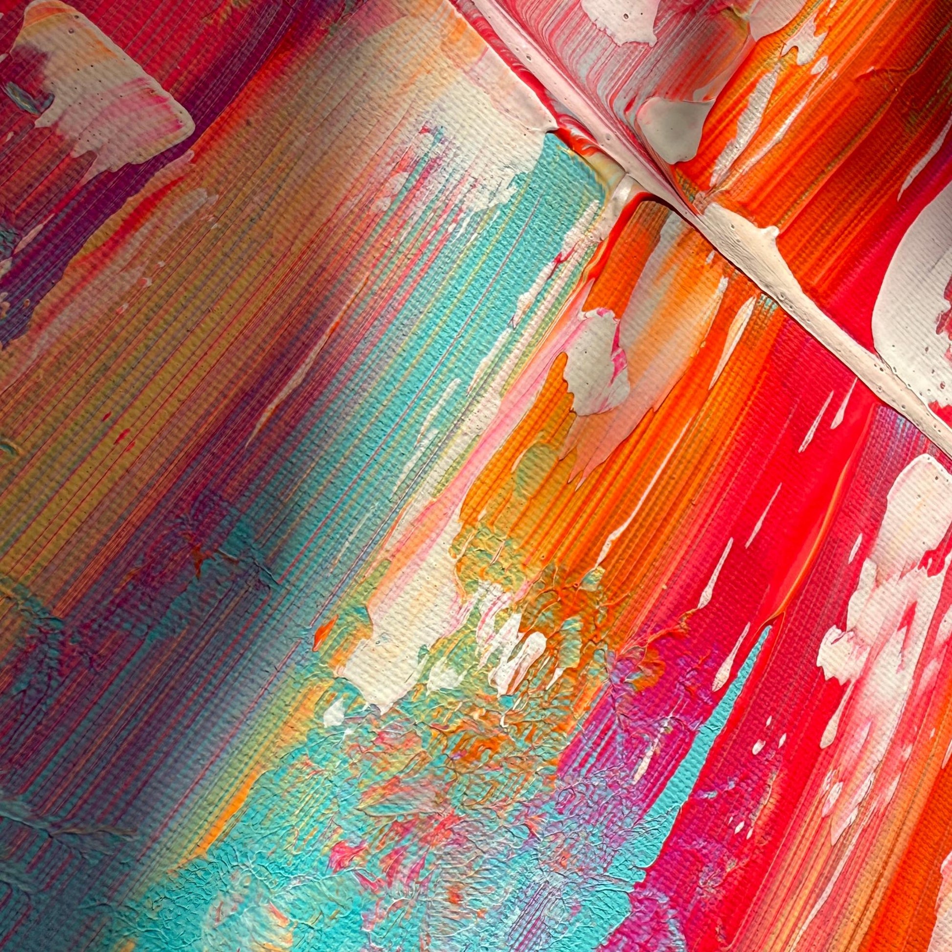 Buntes Acrylbild Querformat. Dynamische Komposition Türkis Rosa Grau. Abstraktes Unikat 40x30 cm.