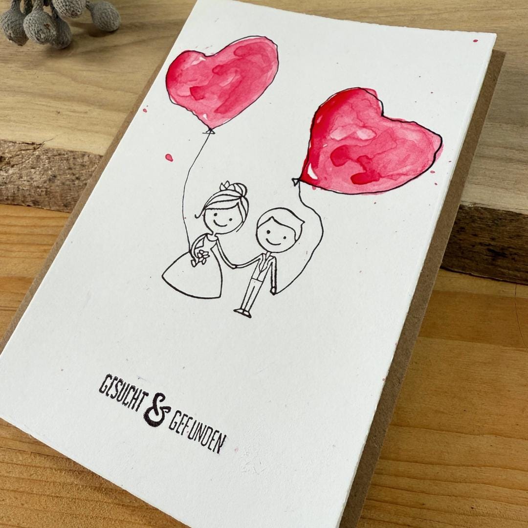 Handgemalte Hochzeitskarte Aquarell. Paar-Motiv mit Herz-Ballons und Spruch "Gesucht & Gefunden". Grußkarte als Unikat.