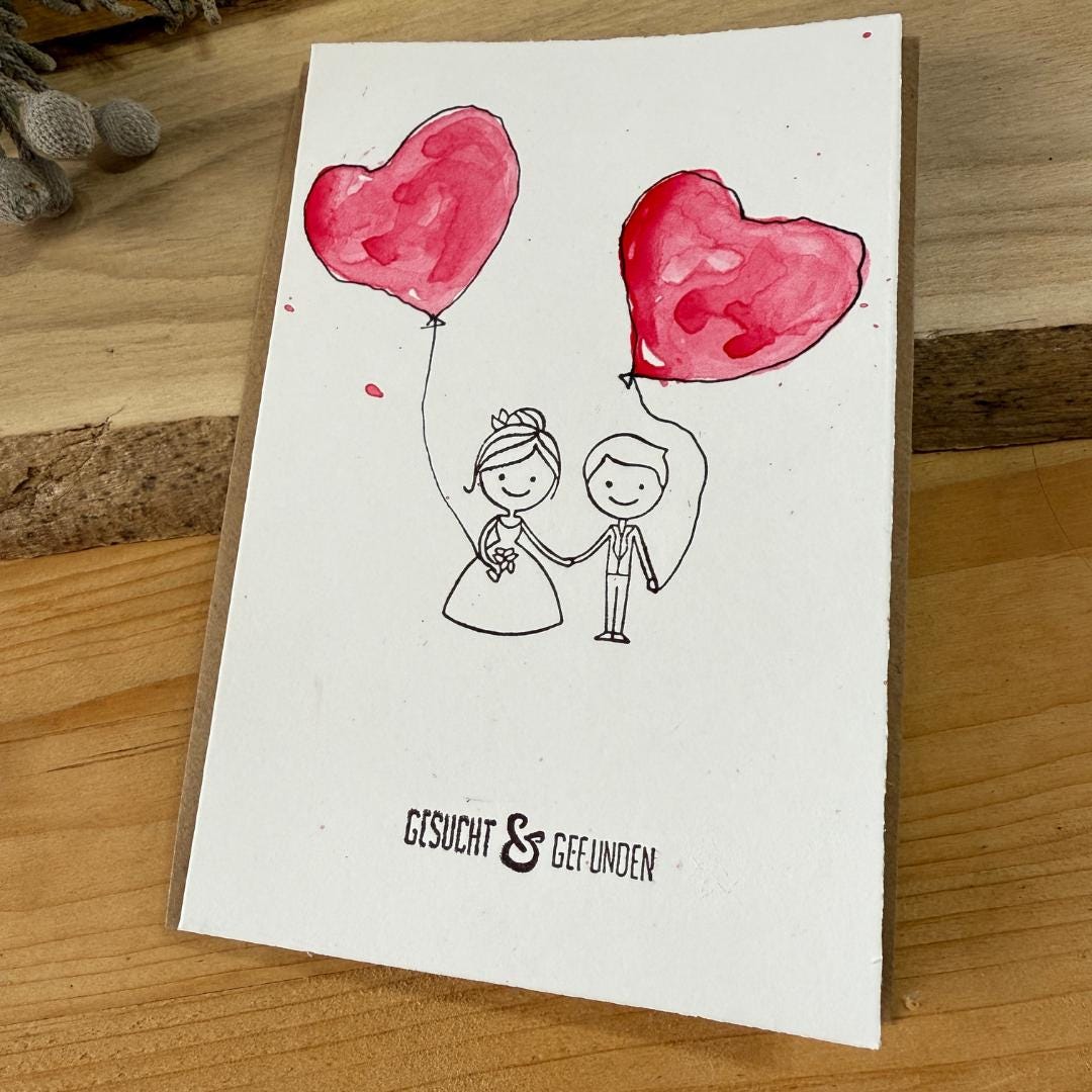 Handgemachte Hochzeitskarte Aquarell. Paar-Motiv mit Herz-Ballons und Spruch "Gesucht & Gefunden". Grußkarte als Unikat.