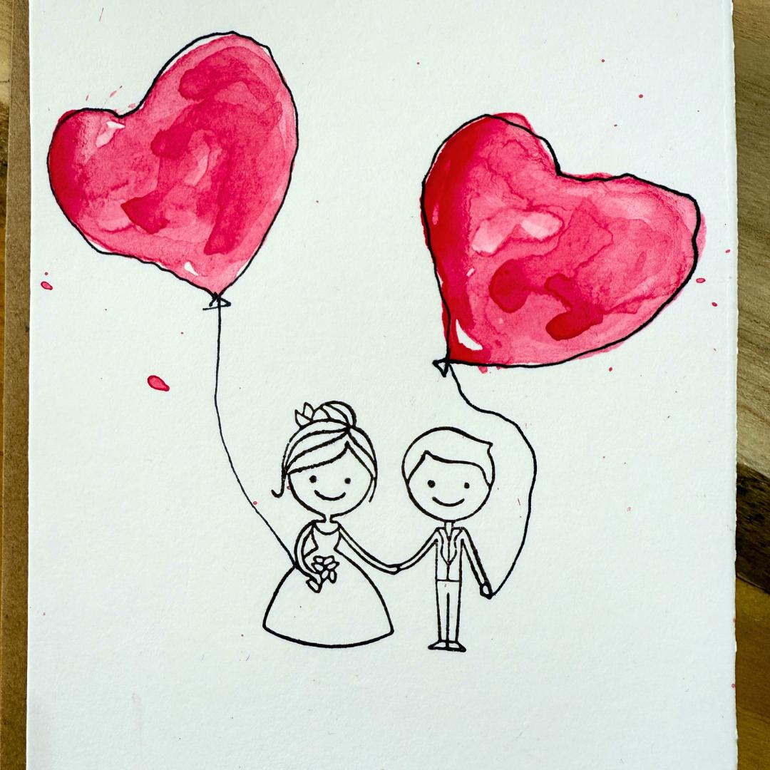 Handgemachte Hochzeitskarte Aquarell. Paar-Motiv mit Herz-Ballons und Spruch "Gesucht & Gefunden". Grußkarte als Unikat.