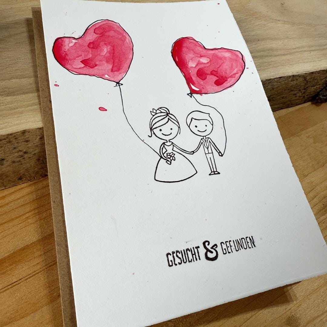 Handgefertigte Hochzeitskarte Aquarell. Paar-Motiv mit Herz-Ballons und Spruch "Gesucht & Gefunden". Grußkarte als Unikat.
