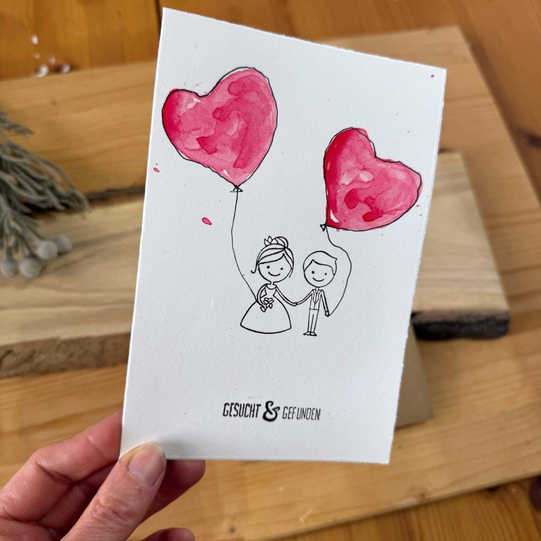 Handgemalte Hochzeitskarte Aquarell. Paar-Motiv mit Herz-Ballons und Spruch "Gesucht & Gefunden". Grußkarte als Unikat.