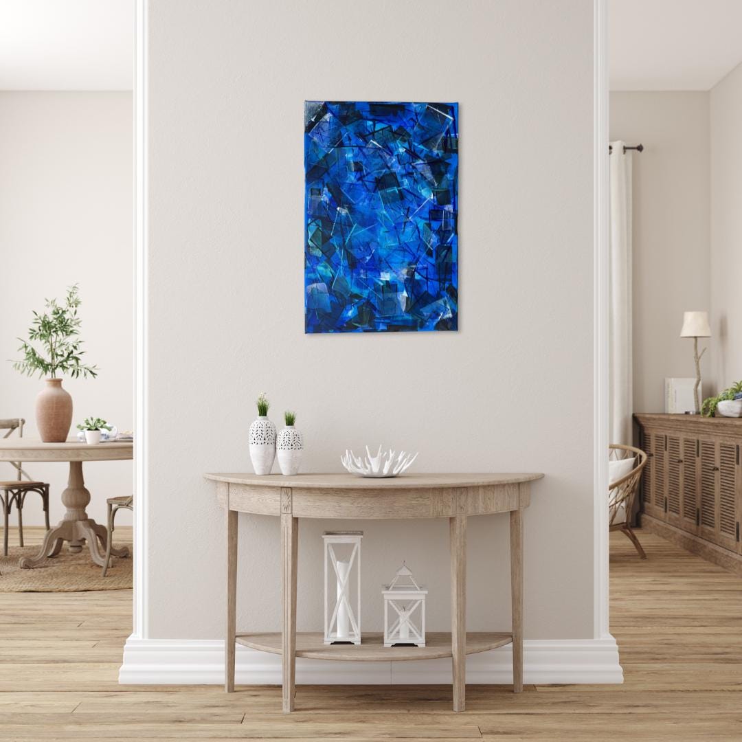 Abstraktes Acrylbild in Königsblau. Geometrische, fragmentierte Struktur in tiefen Blautönen. Handgemaltes Unikat.