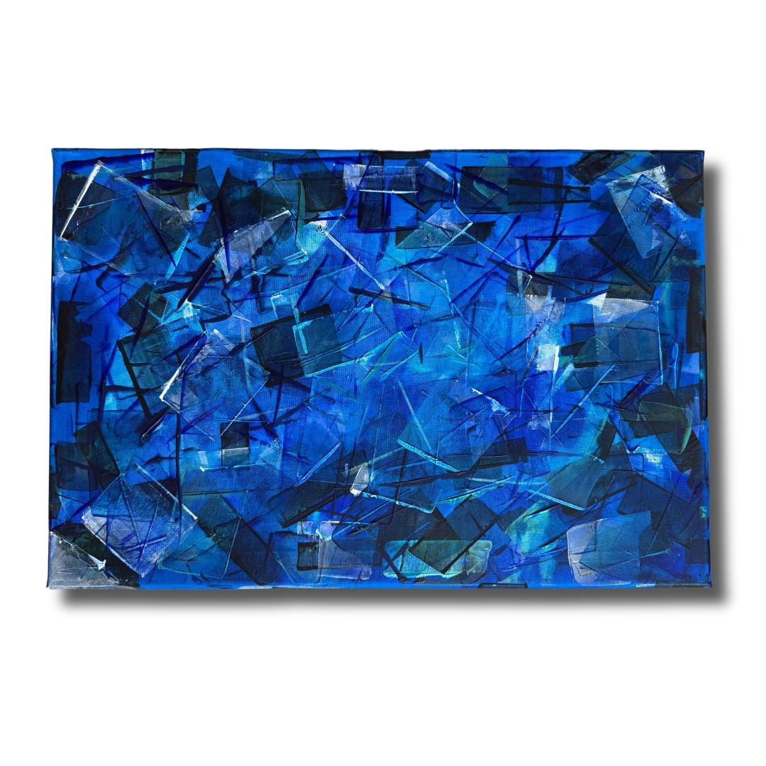 Abstraktes Gemälde in Königsblau. Geometrische, fragmentierte Struktur in tiefen Blautönen. Handgemaltes Unikat.