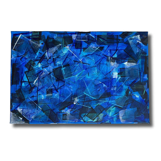 Abstraktes Gemälde in Königsblau. Geometrische, fragmentierte Struktur in tiefen Blautönen. Handgemaltes Unikat.