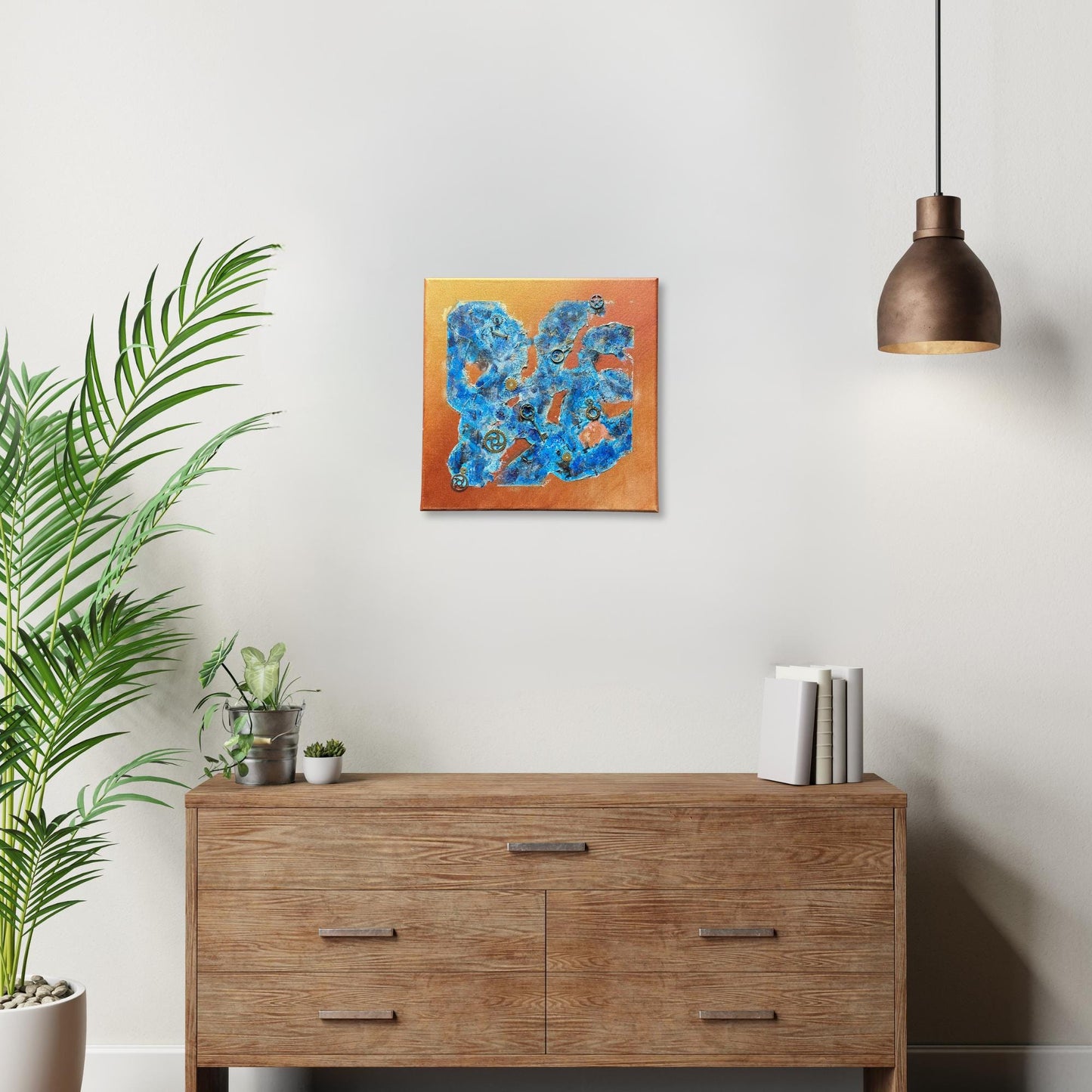 Steampunk Mixed Media Unikat quadratisch. Strukturierte Leinwand mit Zahnrädern, Schlüssel und blauer Patina auf Kupfer-Hintergrund.