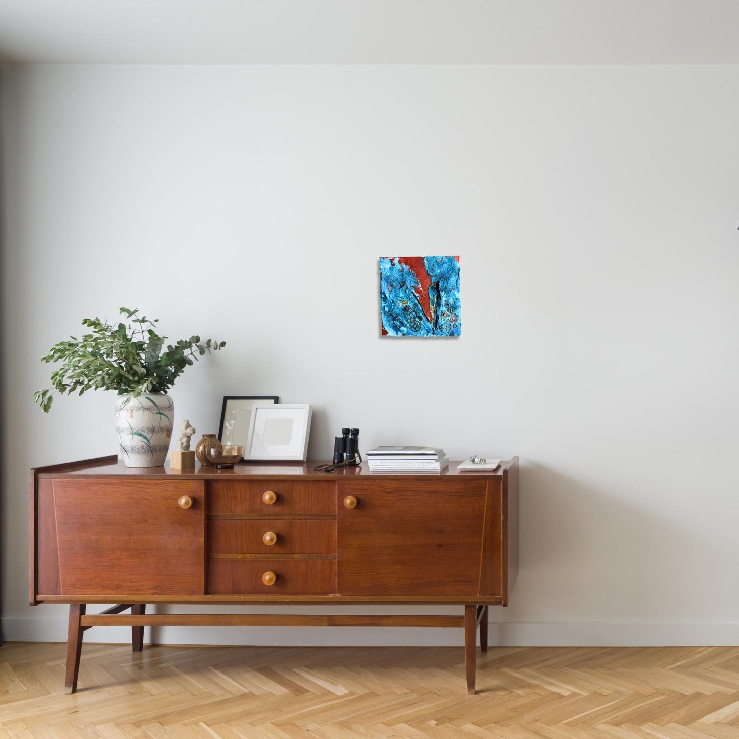 Steampunk Mixed Media Unikat quadratisch. Strukturierte Leinwand mit Zahnrädern, Reißverschluss und Upcycling Elementen.