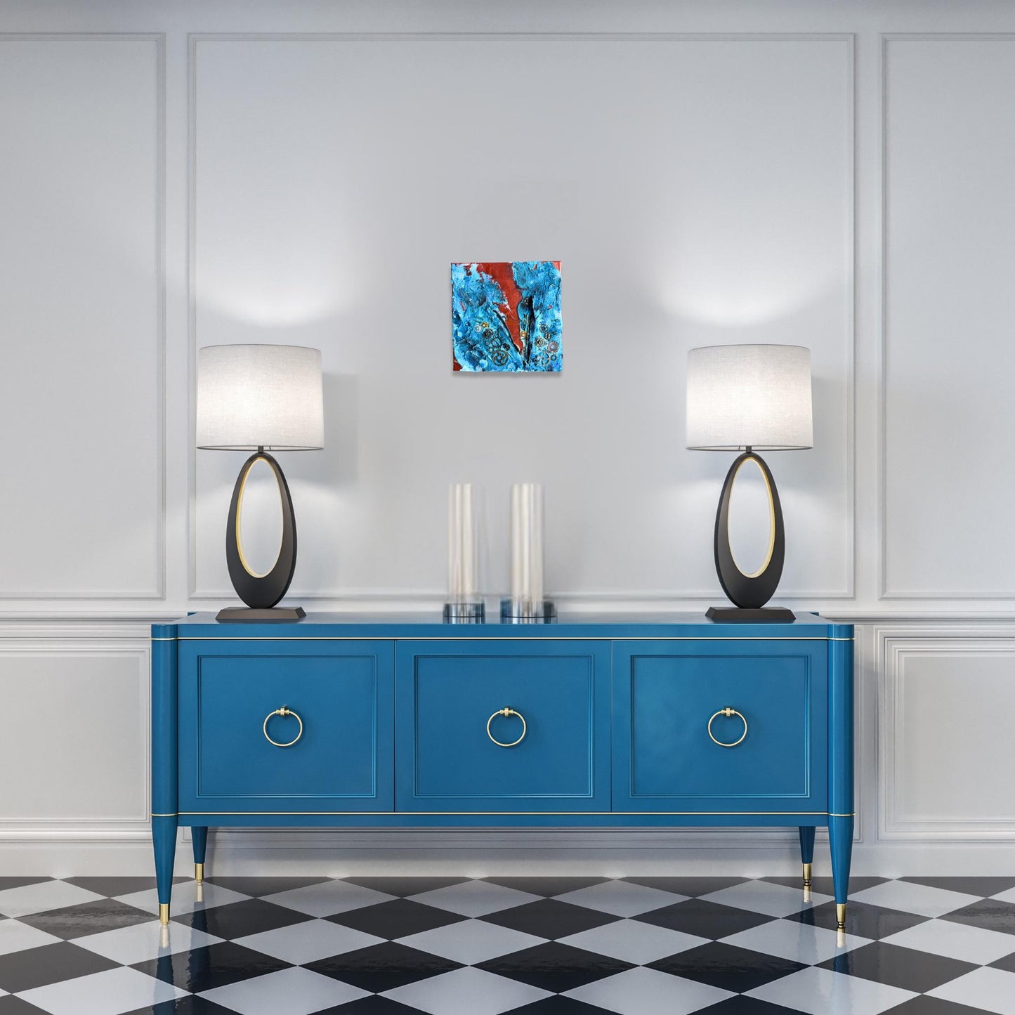 Steampunk Mixed Media Unikat quadratisch. Strukturierte Leinwand mit Zahnrädern, Reißverschluss und Upcycling Elementen.