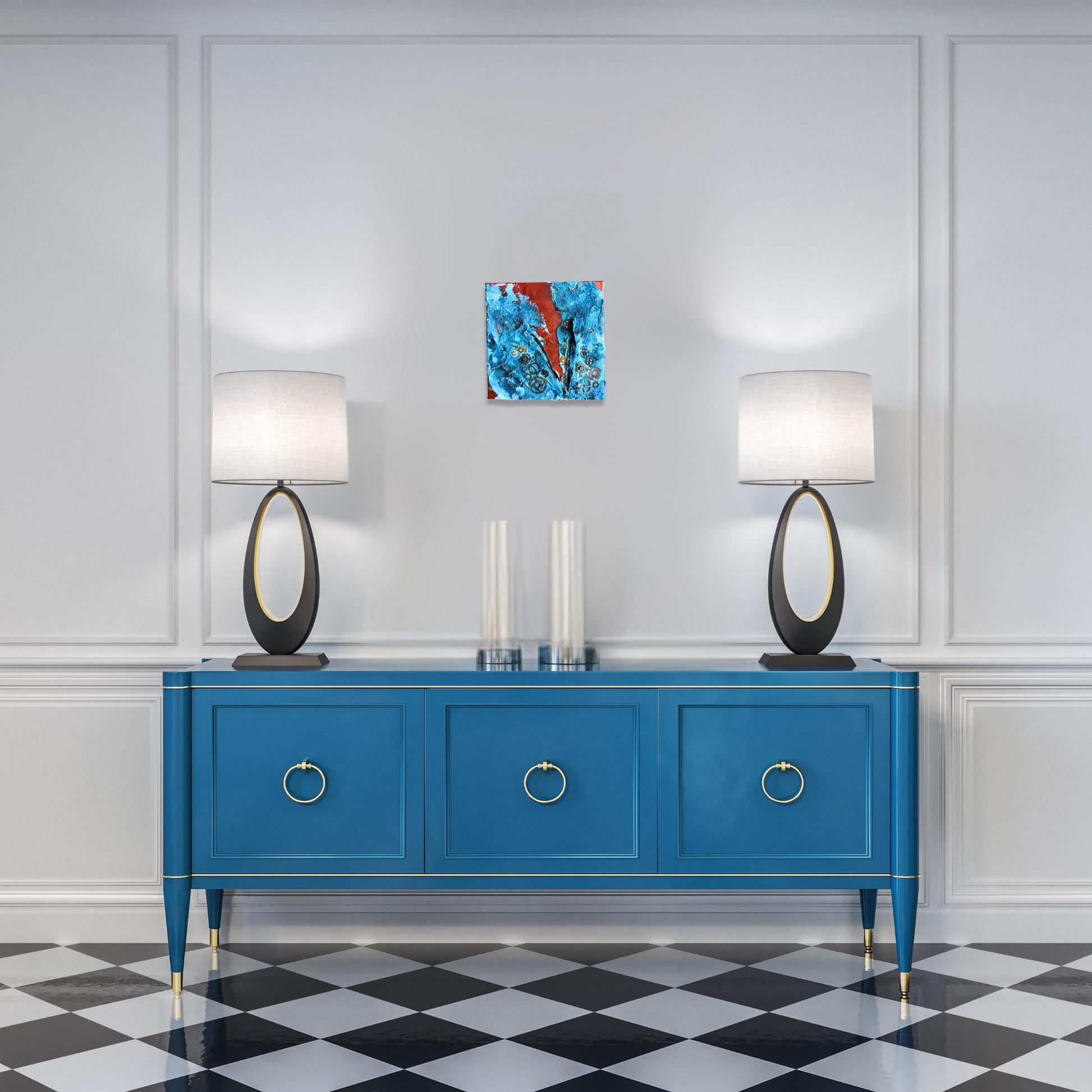 Steampunk Mixed Media Unikat quadratisch. Strukturierte Leinwand mit Zahnrädern, Reißverschluss und Upcycling Elementen.