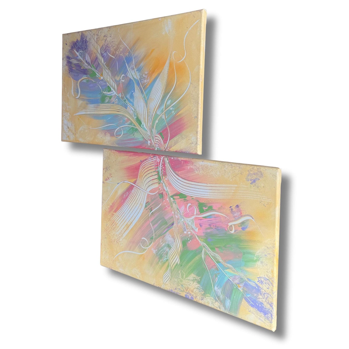 Abstraktes Diptychon 2-teilig. Handgemaltes Acrylbild mit floralem Motiv in Pastellfarben. Ideal für Wohnzimmer-Deko.