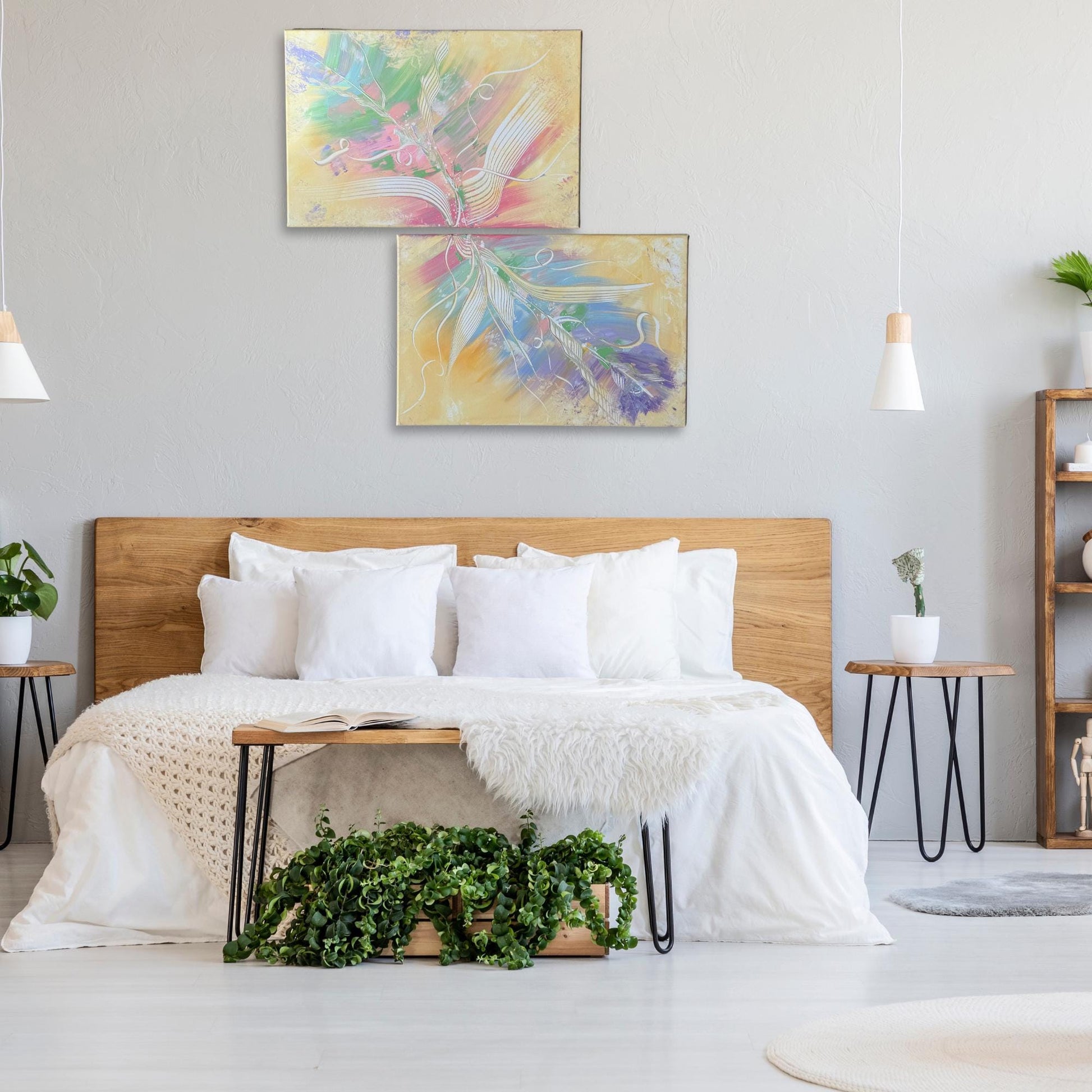 Abstraktes Diptychon 2-teilig. Handgemaltes Acrylbild mit floralem Motiv in Pastellfarben. Ideal für Schlafzimmer-Deko.
