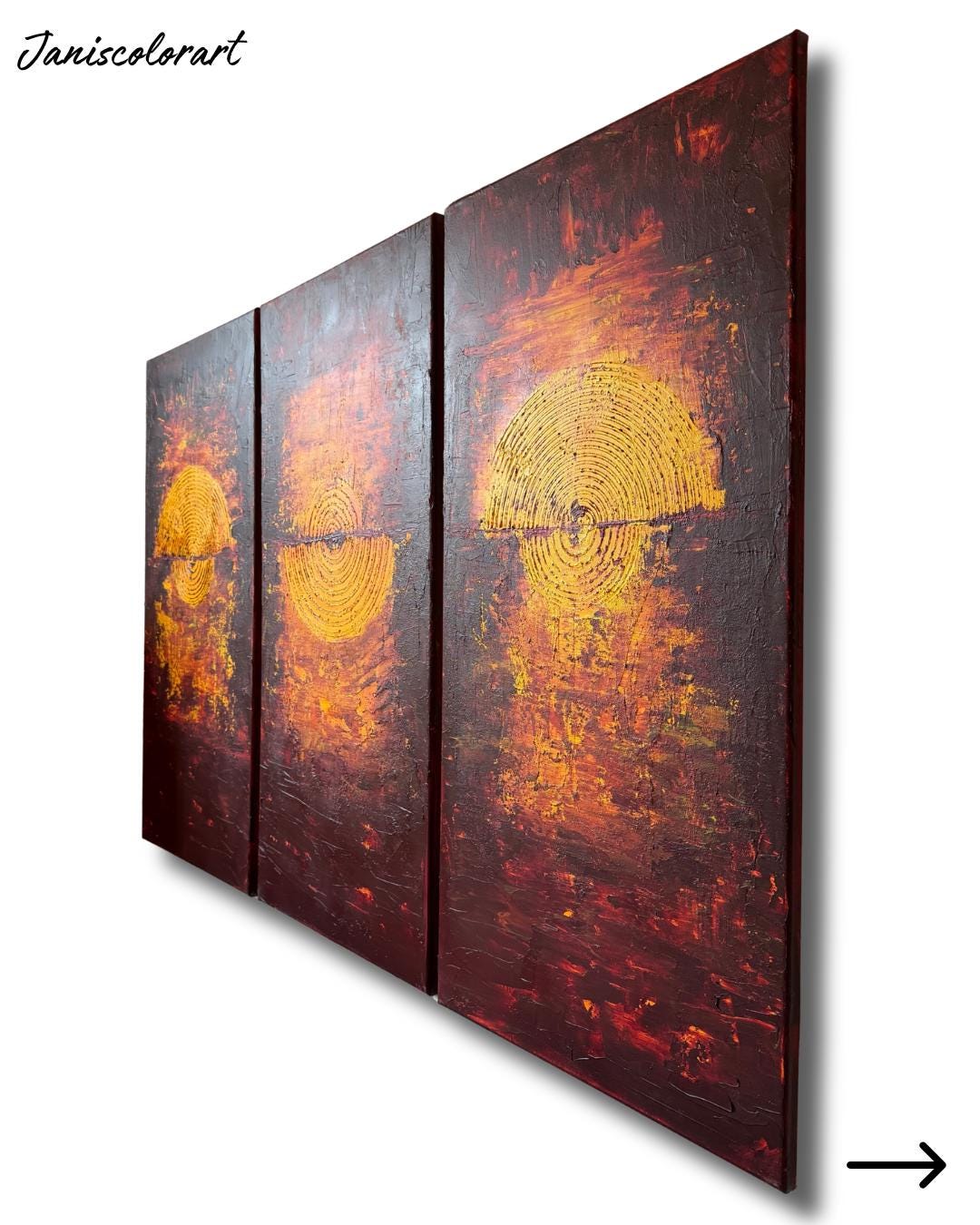 XXL Abstraktes Triptychon 3-teilig. Strukturbild in Rot, Gelb und Beere. Modernes Acrylgemälde für Wohnzimmer.