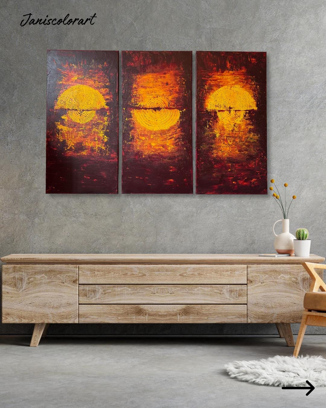 XXL Abstraktes Triptychon 3-teilig. Strukturbild in Rot, Gelb und Orange. Modernes Acrylgemälde für Wohnzimmer.