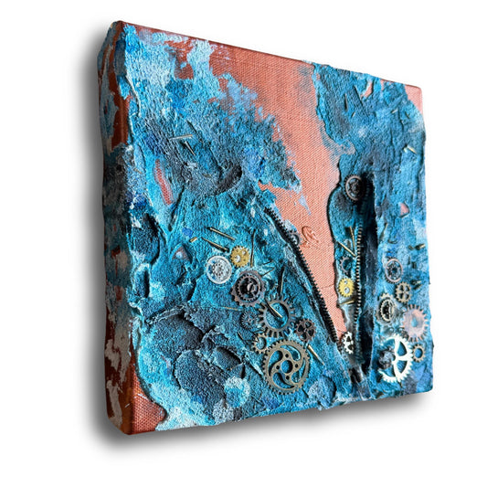 Steampunk Mixed Media Unikat quadratisch. Strukturierte Leinwand mit Zahnrädern, Reißverschluss und Upcycling Elementen.