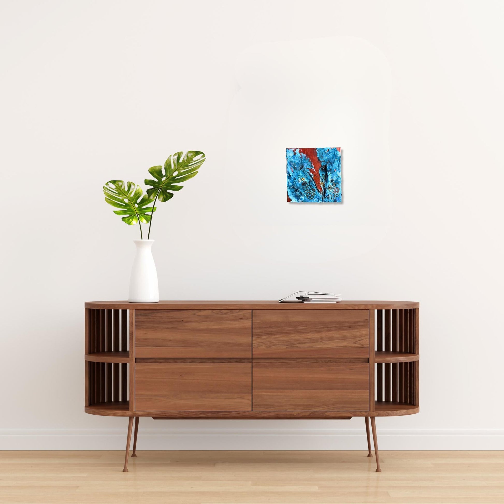 Steampunk Mixed Media Unikat quadratisch. Strukturierte Leinwand mit Zahnrädern, Reißverschluss und Upcycling Elementen.