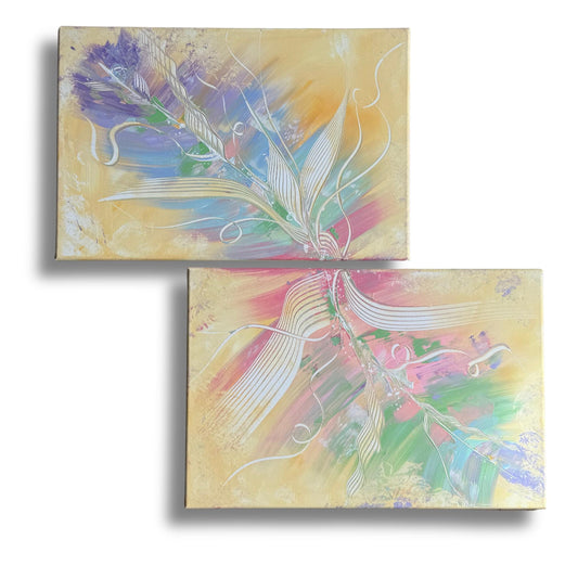 Abstraktes Diptychon 2-teilig. Handgemaltes Acrylbild mit floralem Motiv in Pastellfarben. Ideal für Schlafzimmer-Deko.