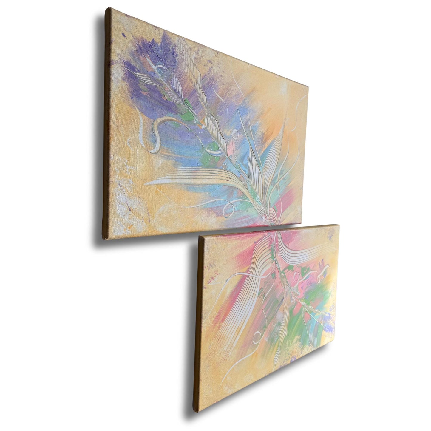 Abstraktes Diptychon 2-teilig. Handgemaltes Acrylbild mit floralem Motiv in Pastellfarben. Ideal für Büro-Deko.