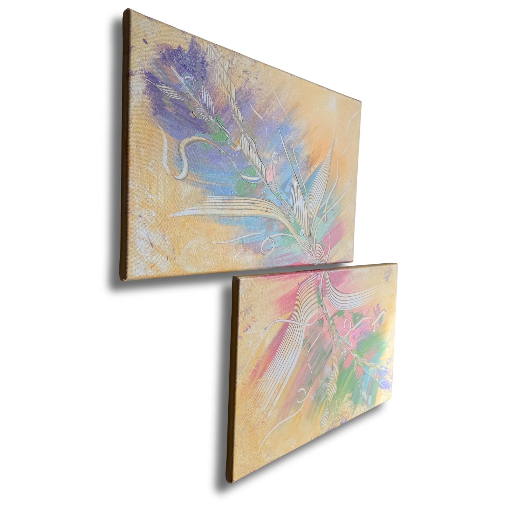 Abstraktes Diptychon 2-teilig. Handgemaltes Acrylbild mit floralem Motiv in Pastellfarben. Ideal für Büro-Deko.