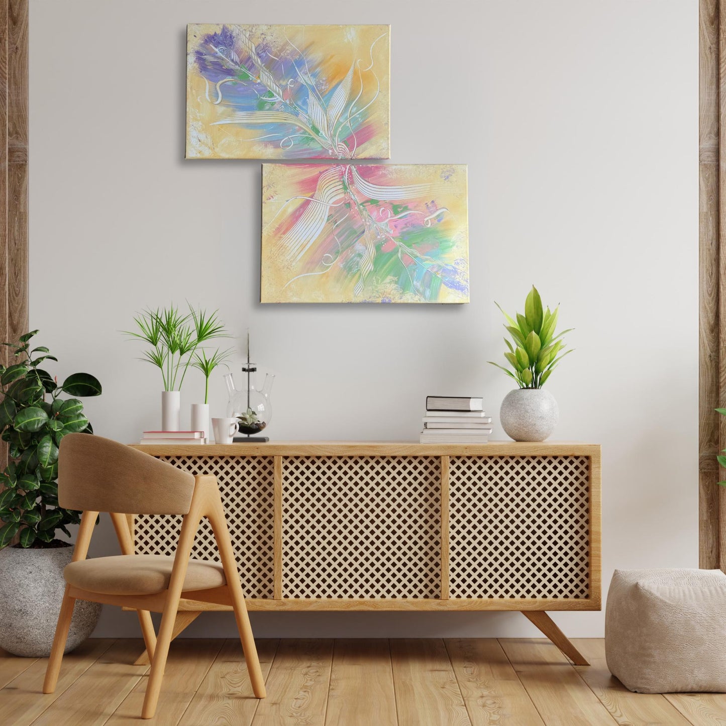 Abstraktes Diptychon 2-teilig. Handgemaltes Acrylbild mit floralem Motiv in Pastellfarben. Ideal für Esszimmer-Deko.