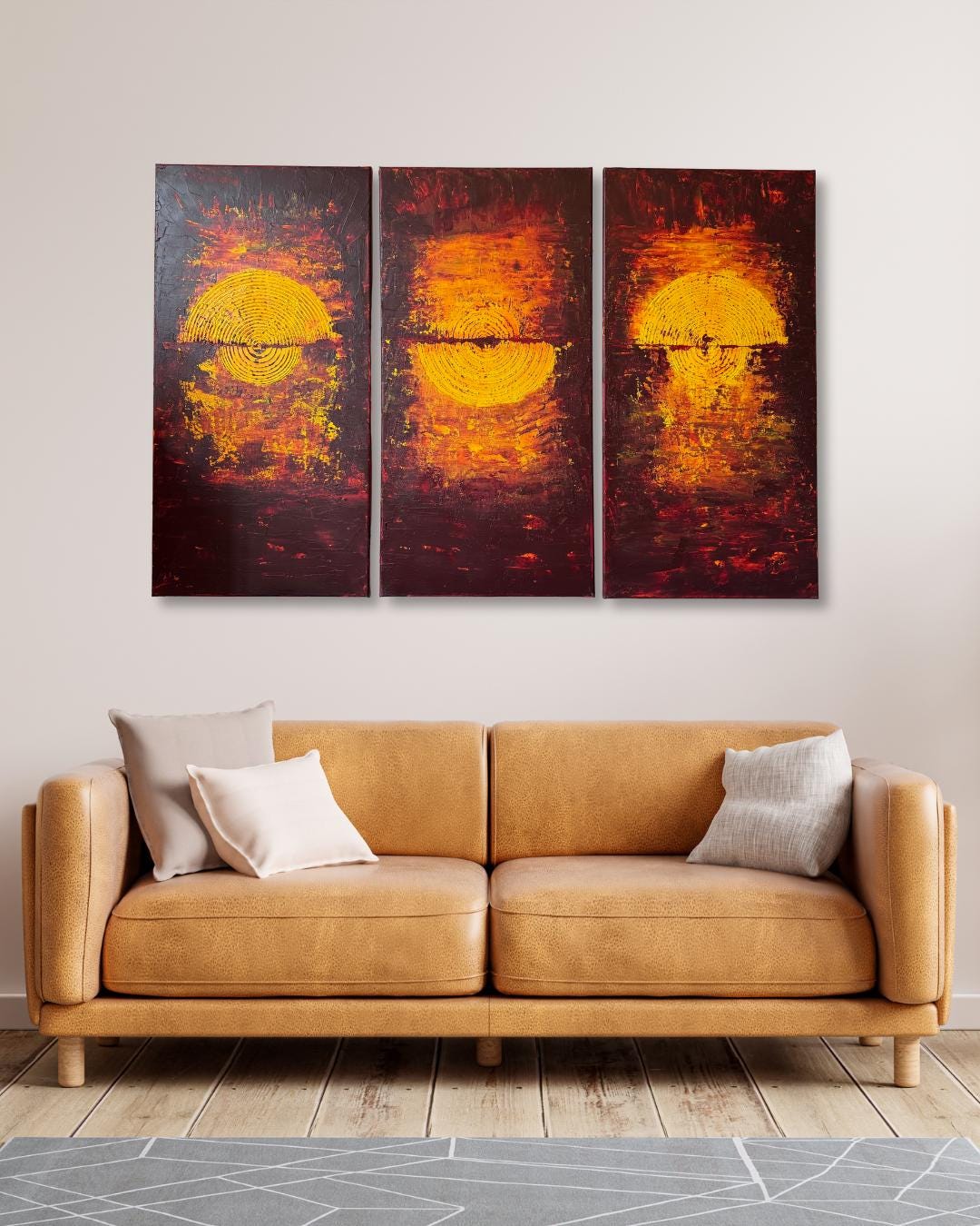 XXL Abstraktes Triptychon 3-teilig. Strukturbild in Rot, Gelb und Beere. Modernes Acrylgemälde für Wohnzimmer.