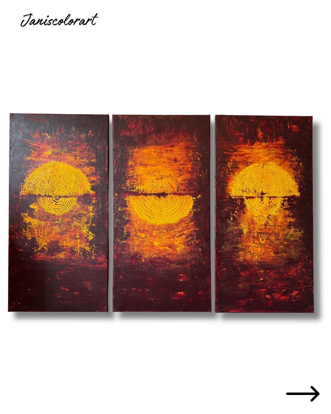 XXL Abstraktes Triptychon 3-teilig. Strukturbild in Rot, Gelb und Beere. Modernes Acrylgemälde für Wohnzimmer.
