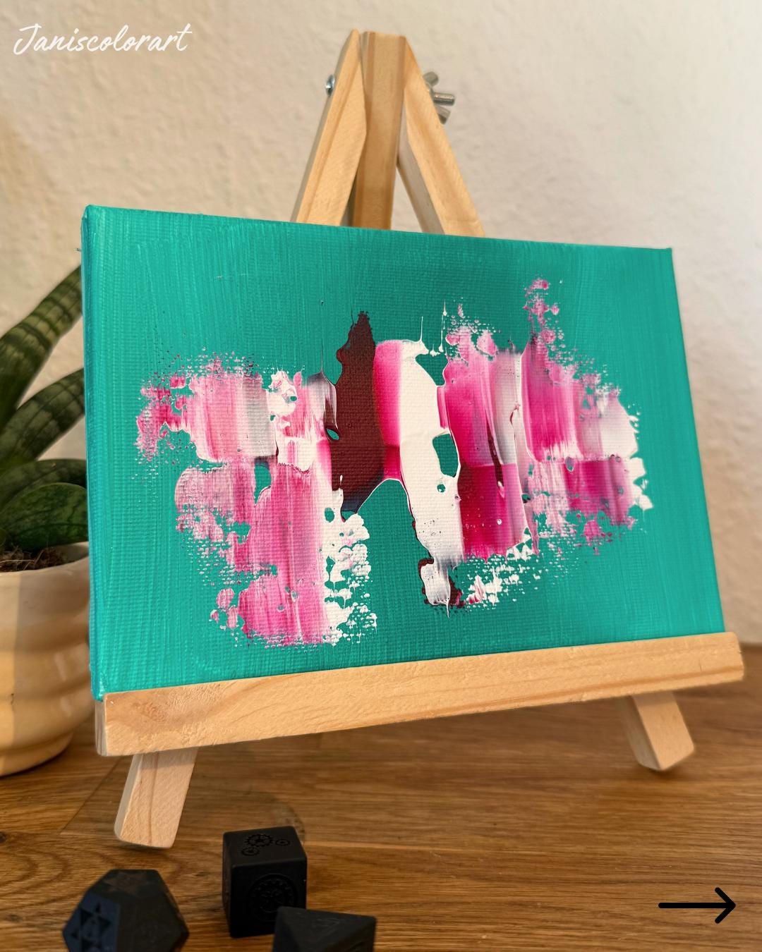 moderne kunst online kaufen: Mini Leinwand inclusive Staffelei für Regaldeko.