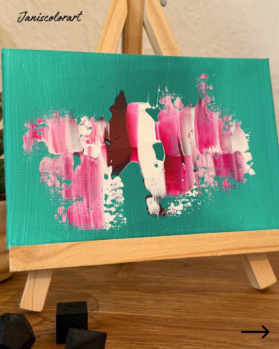 moderne kunst online kaufen: Mini Leinwand inclusive Staffelei für Bürodeko.