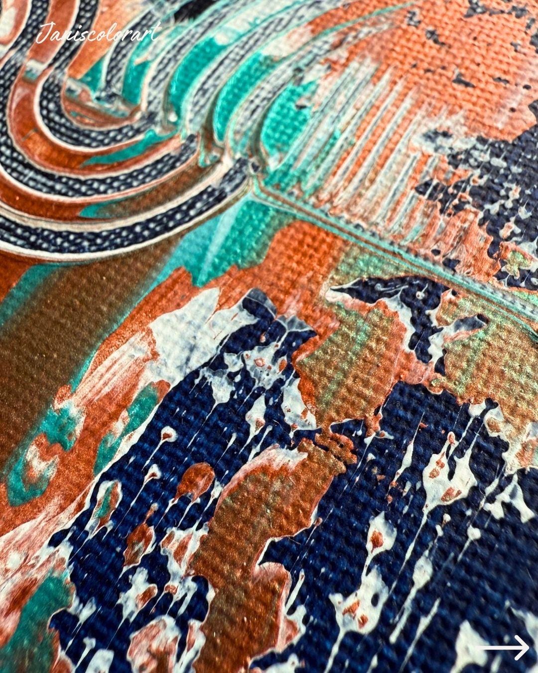 moderne kunst online kaufen: Mini Leinwand inclusive Staffelei fin Dunkelblau, Türkis und Kupfer.