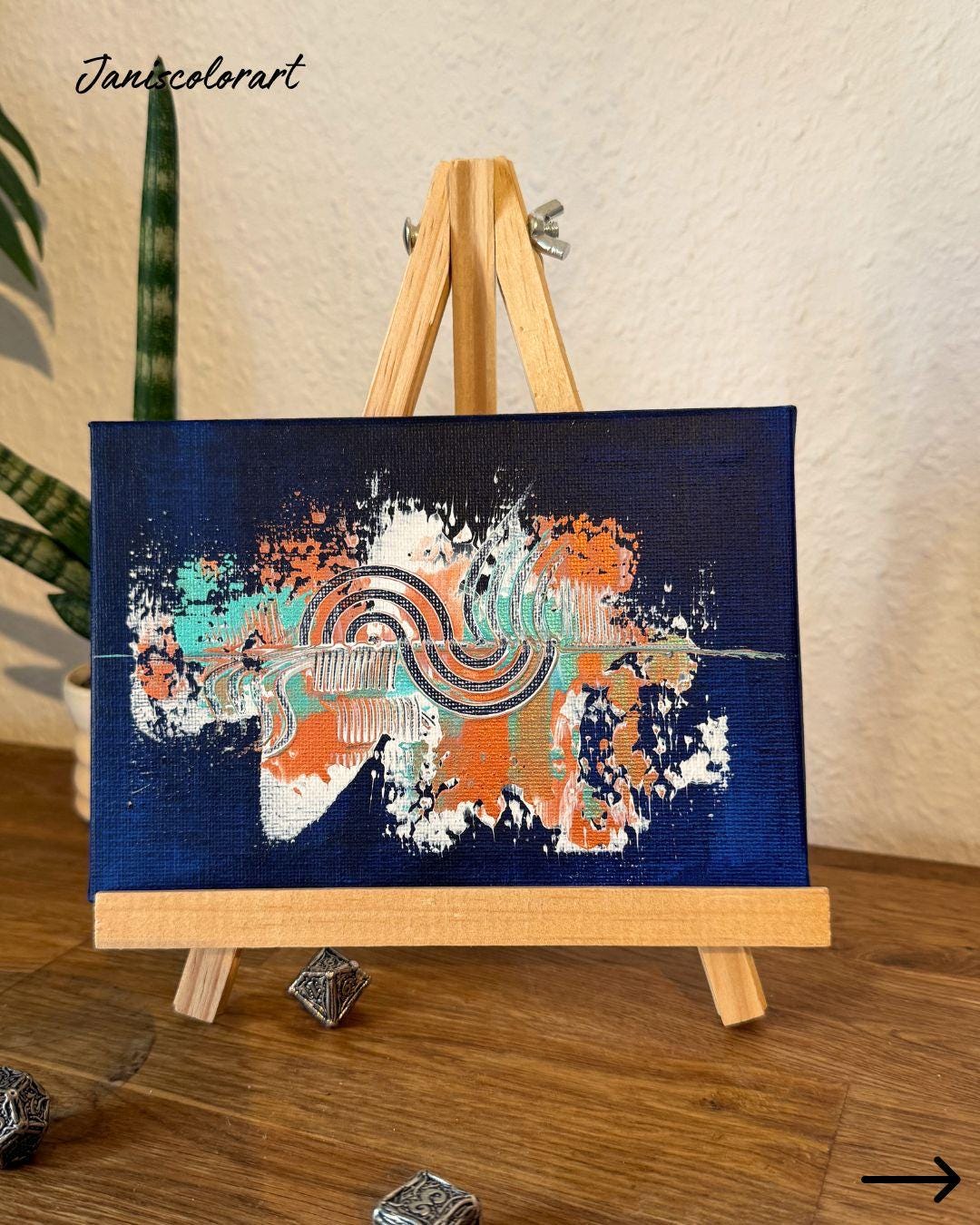 moderne kunst online kaufen: Mini Leinwand inclusive Staffelei für Regaldeko.