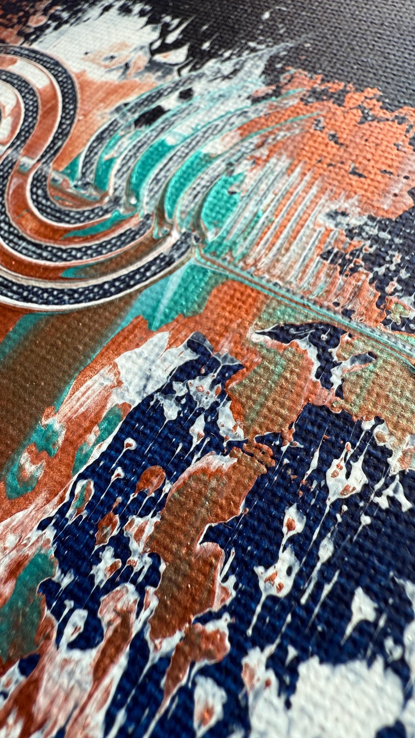 moderne kunst online kaufen: Mini Leinwand inclusive Staffelei fin Dunkelblau, Türkis und Kupfer.