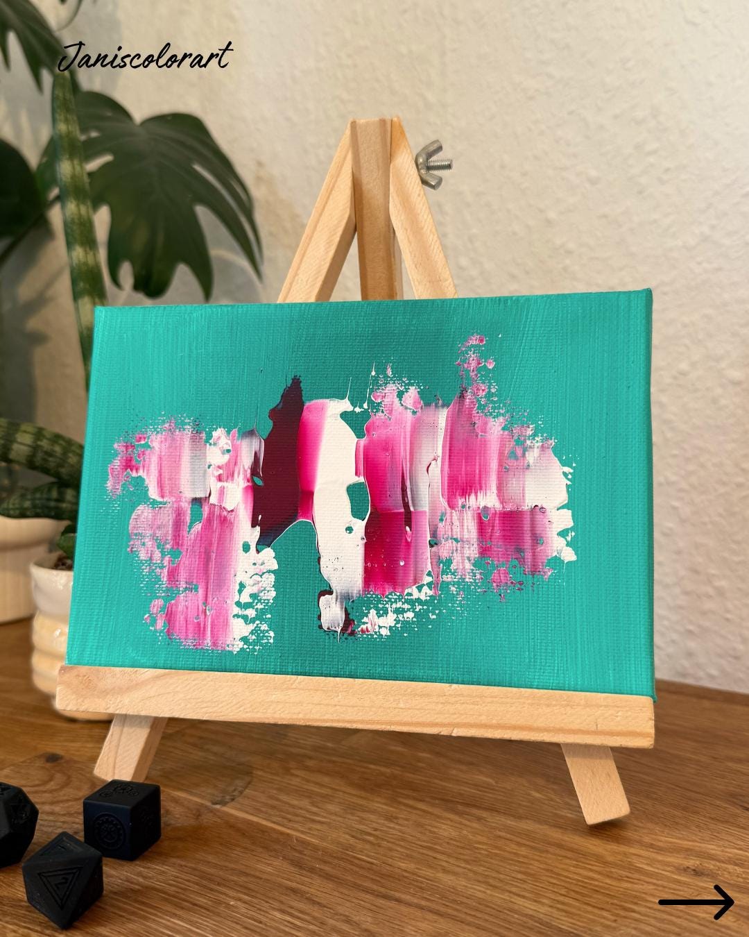 moderne kunst online kaufen: Mini Leinwand inclusive Staffelei für Regaldeko.