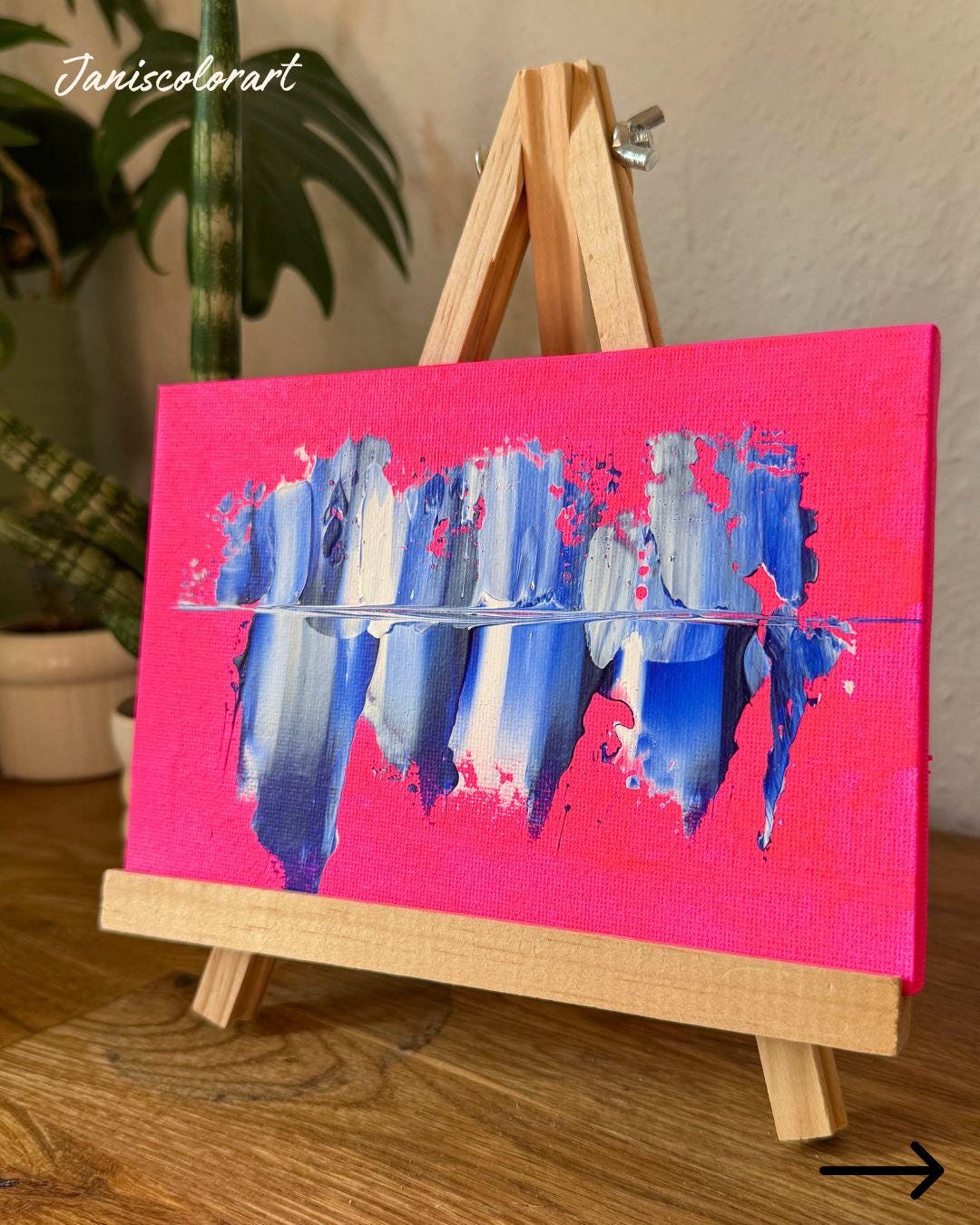 moderne kunst online kaufen: Mini Leinwand inclusive Staffelei für Sideboard.