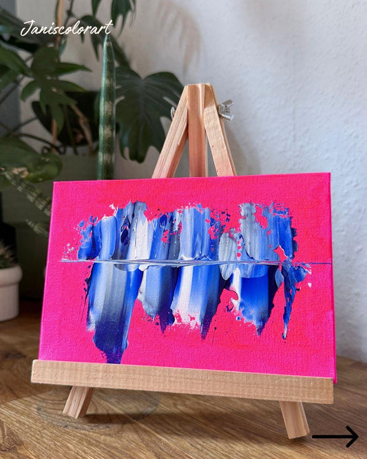Auftragsarbeit Mini Acrylbild mit Staffelei in Pink und Blau, handgemalt in Wunschfarben