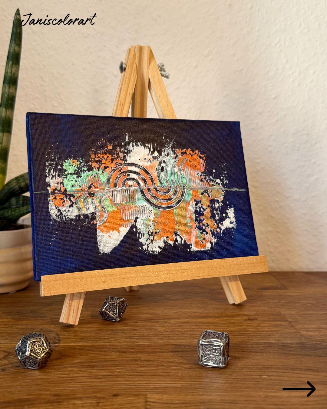 moderne kunst online kaufen: Mini Leinwand inclusive Staffelei für Bürodeko.