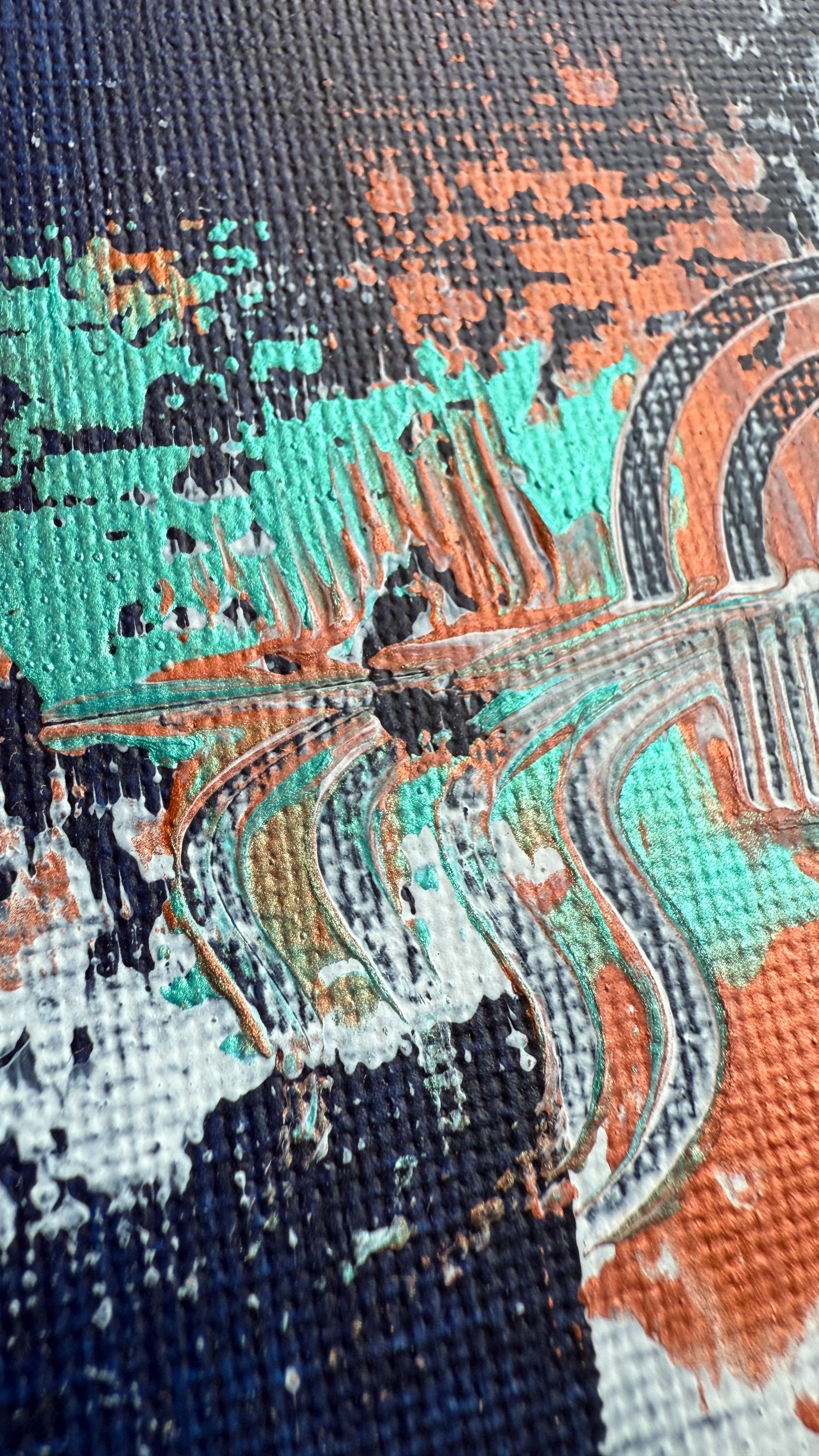 moderne kunst online kaufen: Mini Leinwand inclusive Staffelei fin Dunkelblau, Türkis und Kupfer.