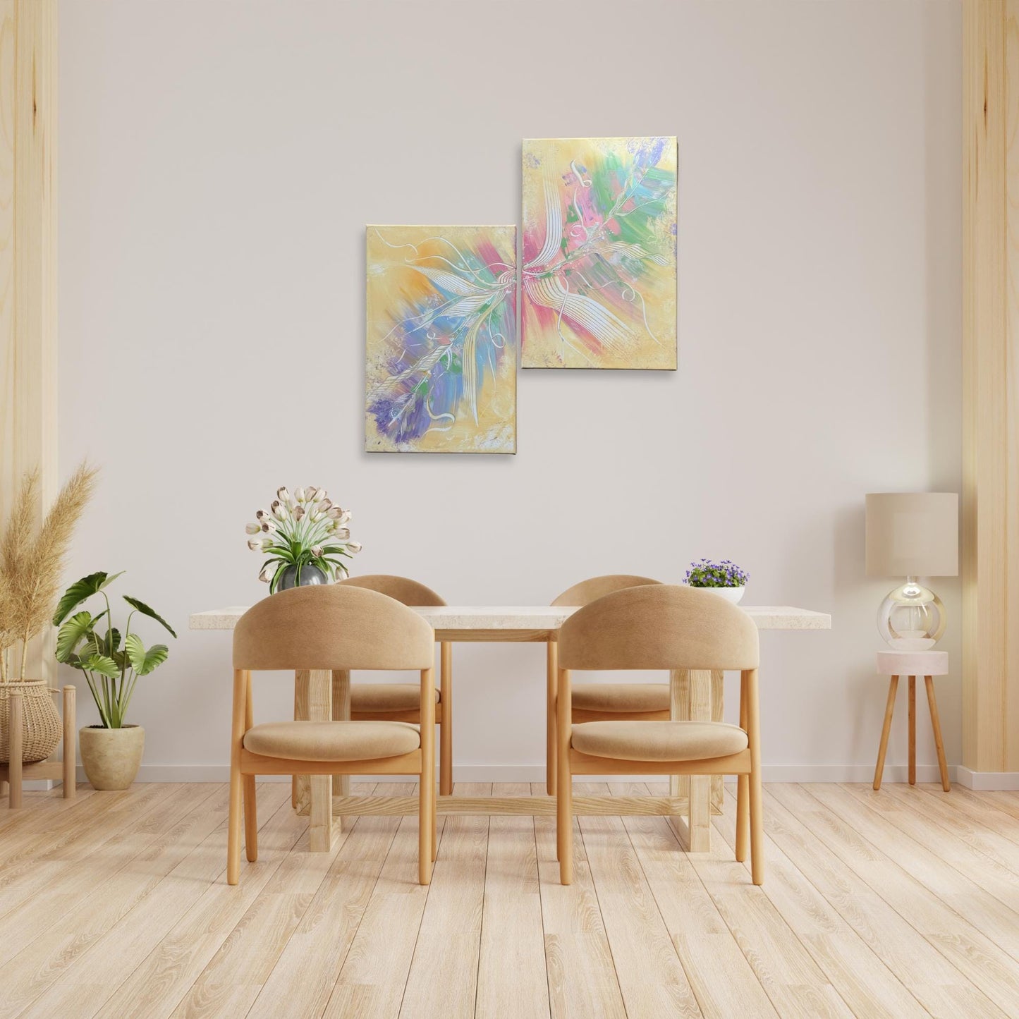 Abstraktes Diptychon 2-teilig. Handgemaltes Acrylbild mit floralem Motiv in Pastellfarben. Ideal für Esszimmer-Deko.