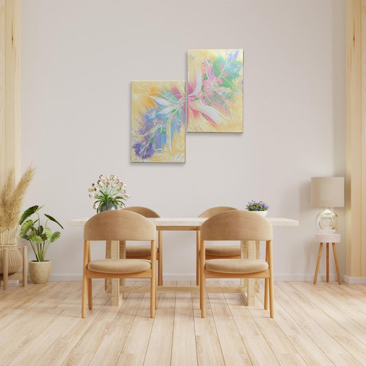 Abstraktes Diptychon 2-teilig. Handgemaltes Acrylbild mit floralem Motiv in Pastellfarben. Ideal für Esszimmer-Deko.