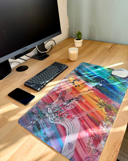 Buntes XXL Mauspad mit original Kunstwerk bedruckt. Es liegt mit I-Phone auf Schreibtisch.